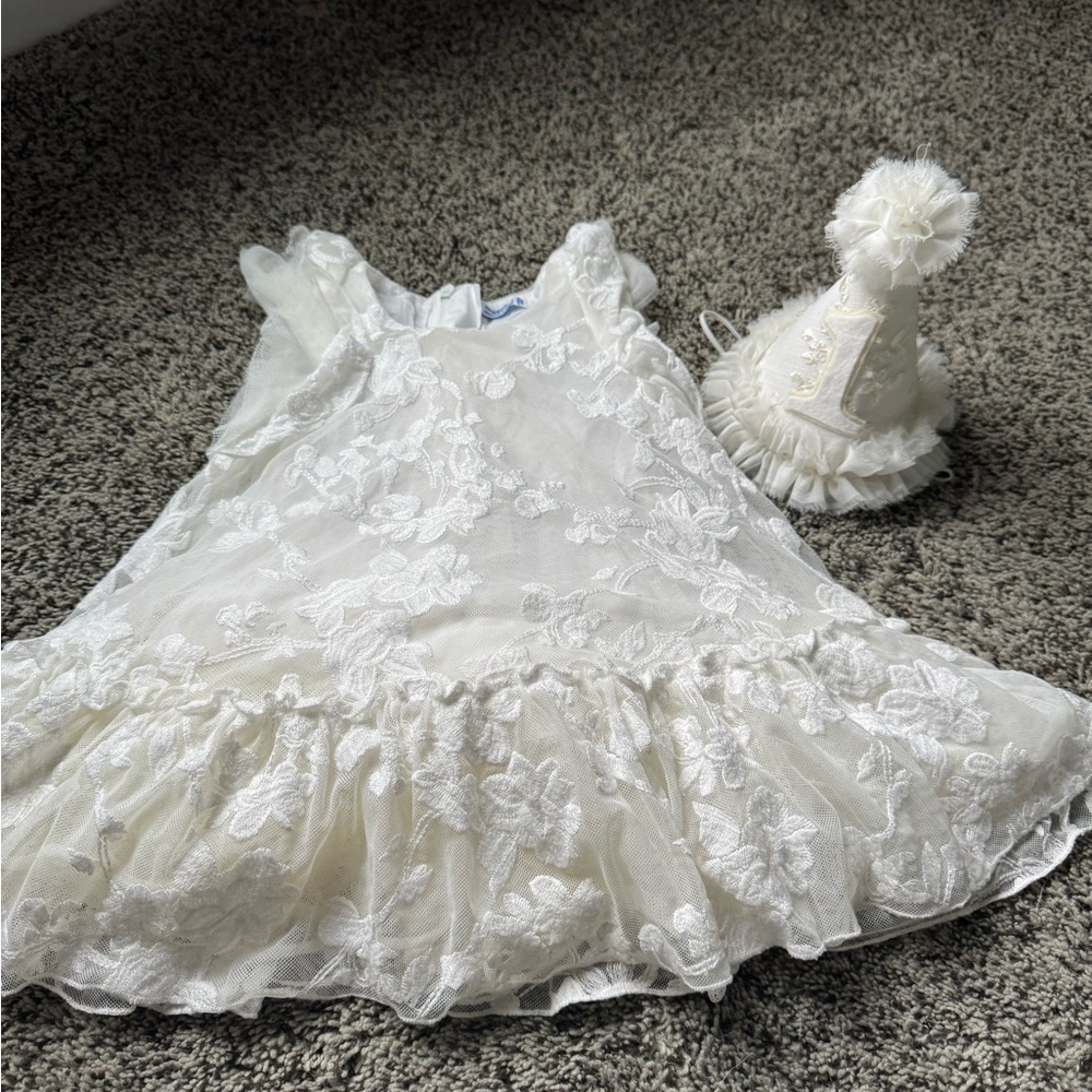 Girl First Birthday White Lace Dress with Hat